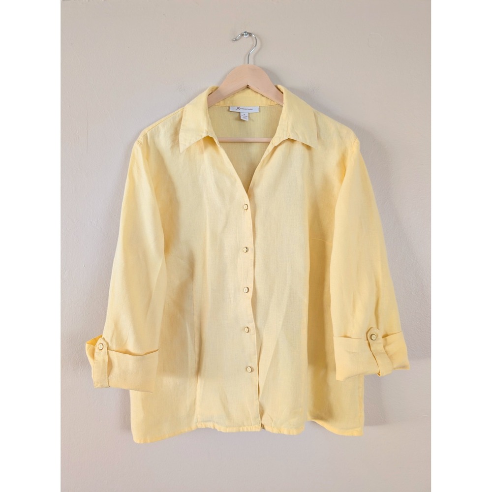 JM Collection Butter Yellow Linen Roll Tab Button Shirt Coastal Minimalist‎ Chic